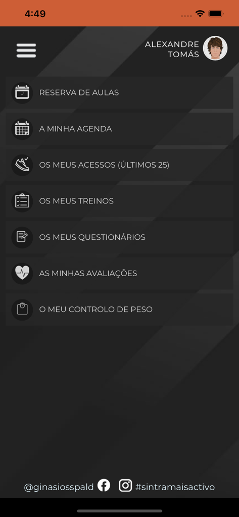 Spald - Painel do aplicativo de fitness Spald mostrando opções para reservas de aulas e acompanhamento de treinos