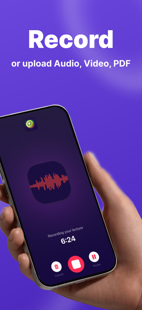 Interfaz de la aplicación Kiwinote grabando una conferencia de audio en un iPhone