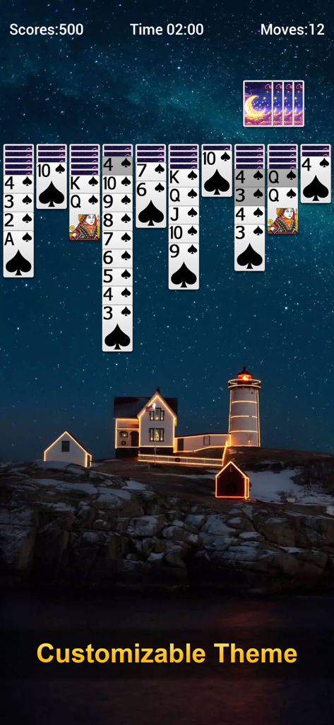 Spider Solitaire gameplay featuring a customizable nighttime lighthouse theme background with clear cards and score display