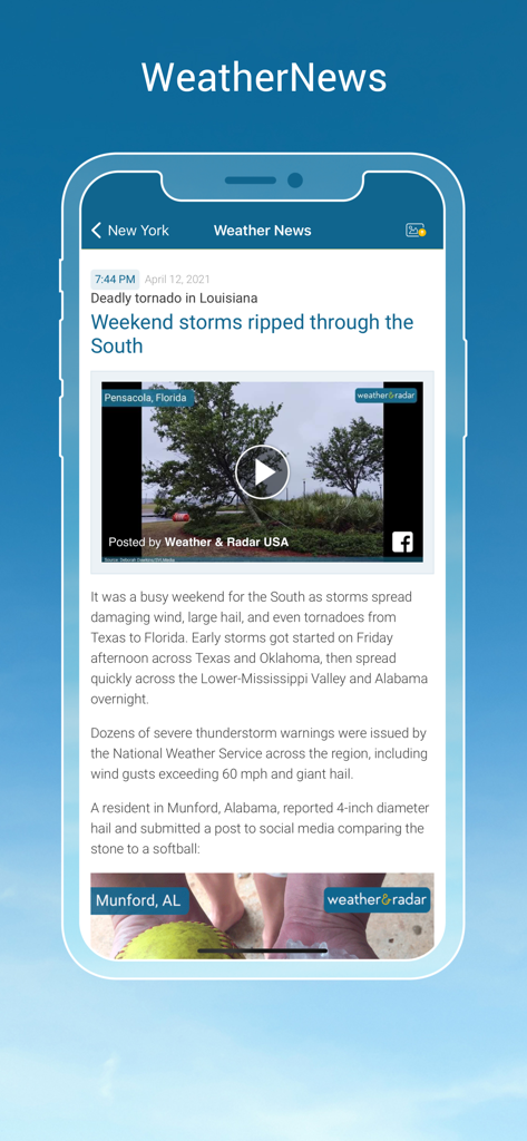 Un bulletin météo dans l'application Weather and Radar USA Pro concernant les orages et les tornades dans le Sud.