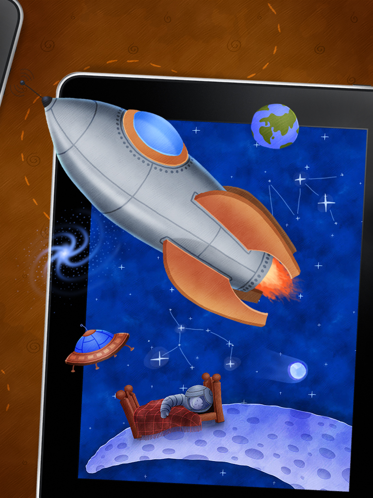 Who Stole The Moon? - Interactive e-book for children - An interactive space illustration featuring a rocket ship and a child sleeping on the moon from the Who Stole The Moon app.