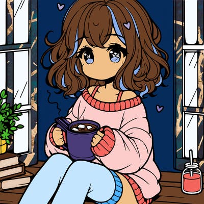 cute anime girl reading book and drinking hot chocolate from mug with loose wavy hair wearing a baggy sweatshirt and shorts sitting by windowsill looking out
