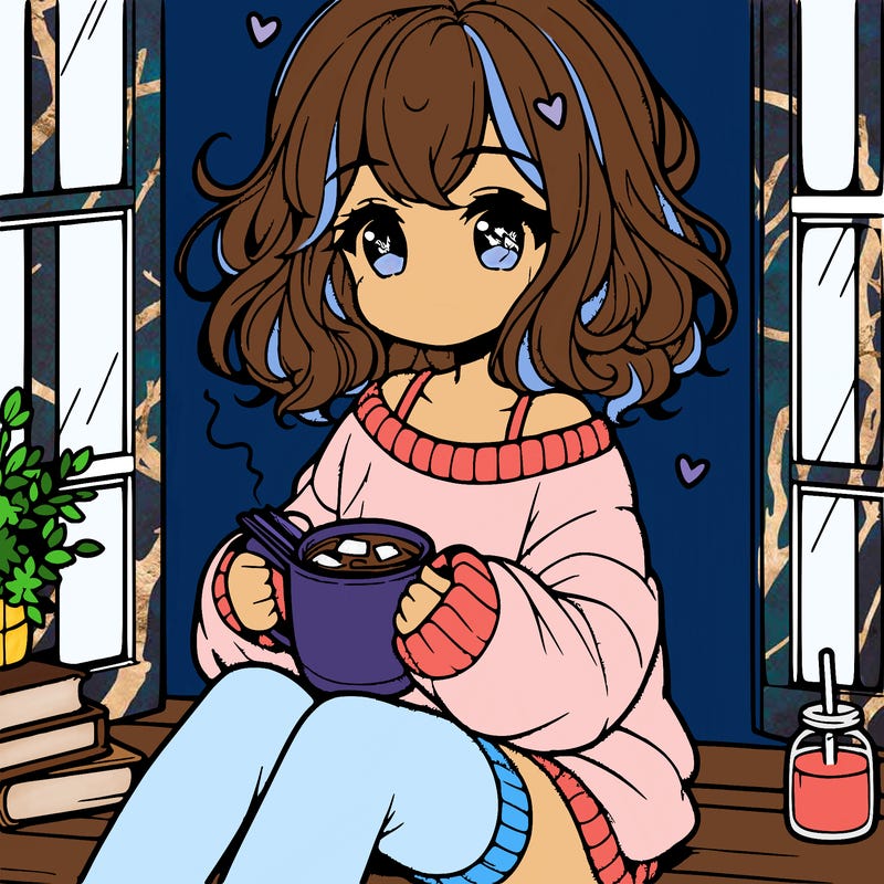 cute anime girl reading book and drinking hot chocolate from mug with loose wavy hair wearing a baggy sweatshirt and shorts sitting by windowsill looking out