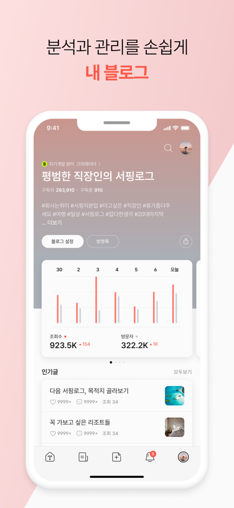 Tistory mobile app interface displaying blog visitor analytics and popular posts