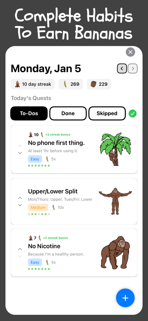 Monke - Habit Game - Interface of Monke Habit Game showing a list of daily tasks with monkey illustrations and banana rewards