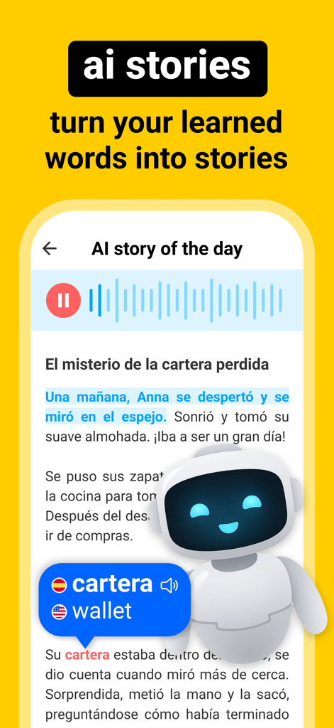 Vocabulary learning app Blarma - Blarma 앱 스크린샷은 지갑이라는 단어에 대한 어휘 번역 툴팁이 있는 스페인어 AI 생성 스토리입니다.