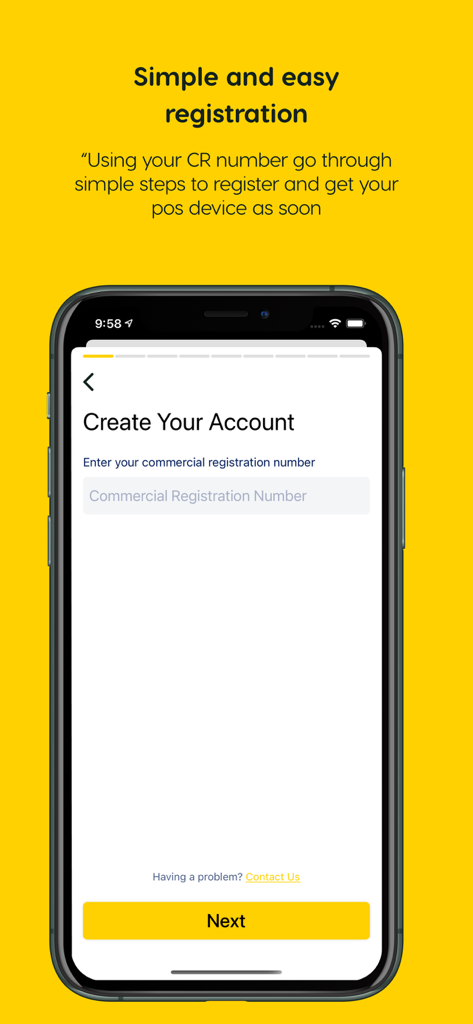 Hala - Business - Hala Business app registration screen showing the create your account step with commercial registration number field
