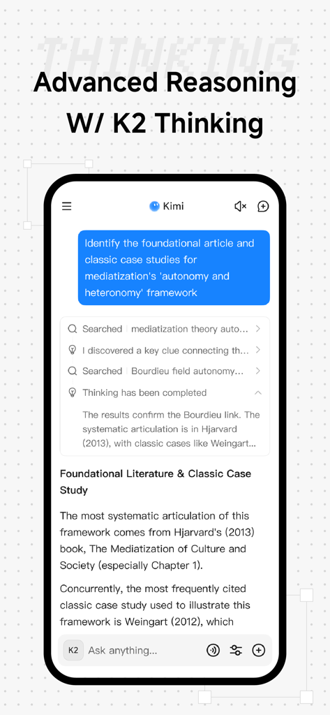 Smartphone screen showing Kimi AI using K2 Thinking for deep research and logic reasoning.