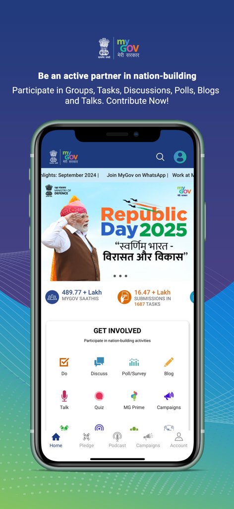 The home screen of the MyGov India app showing various engagement options like polls, tasks, and discussions for citizen participation.