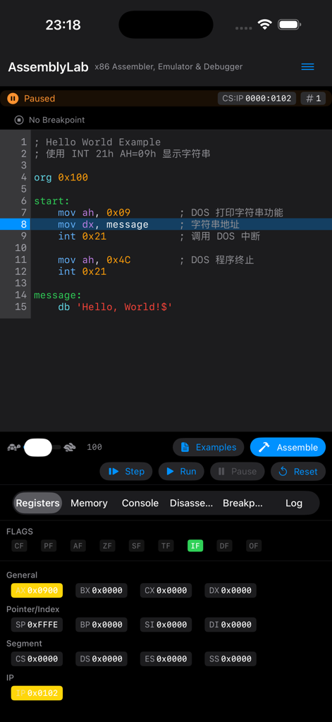 Assembly Lab app displaying NASM code editor and visual CPU register status