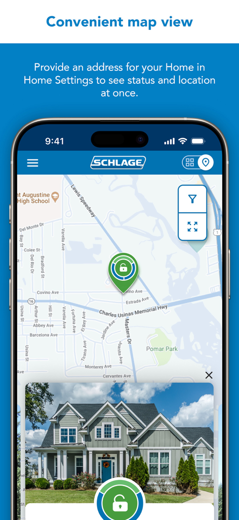 Schlage Home app showing a map view and lock status of a house