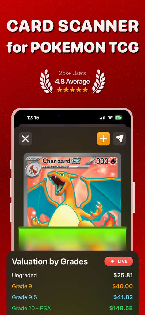 TCGScan: Card Value Scanner - Interfaz de la aplicación TCGScan mostrando el escaneo de una carta de Pokemon con valoración en vivo por grado