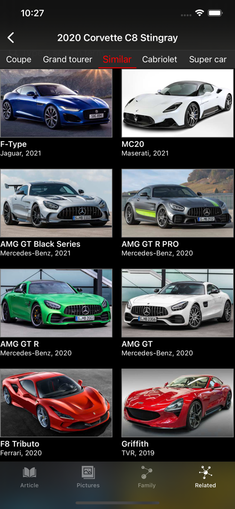Interfaz de la aplicación móvil que muestra modelos de coches de lujo y deportivos similares a un Chevrolet Corvette C8 Stingray 2020.