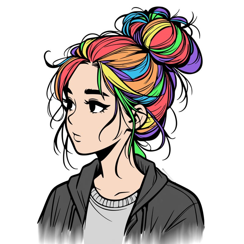 realistic teenage girl with a messy bun