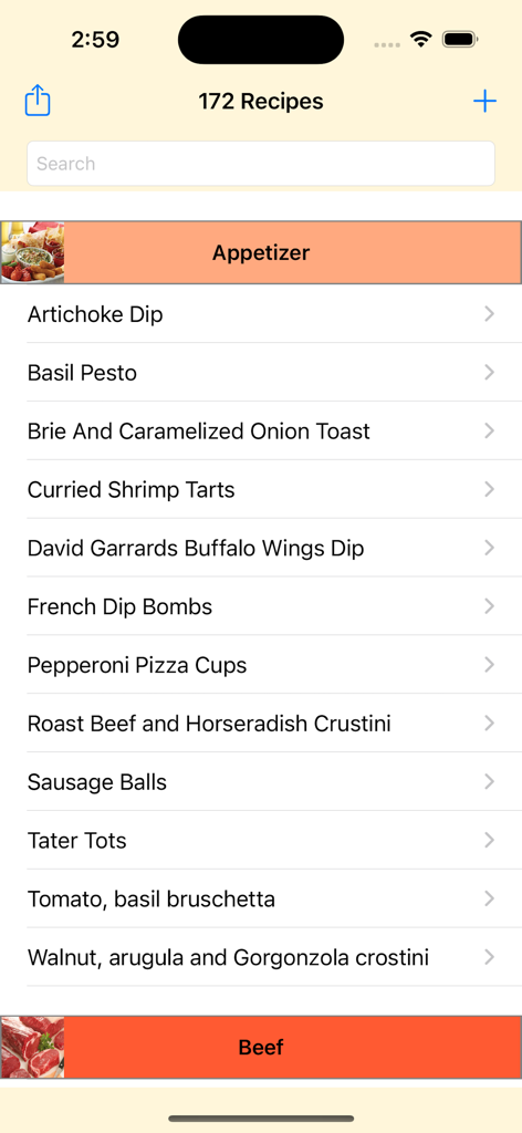 JustMyRecipes - JustMyRecipes app screen showing an organized list of appetizer recipes