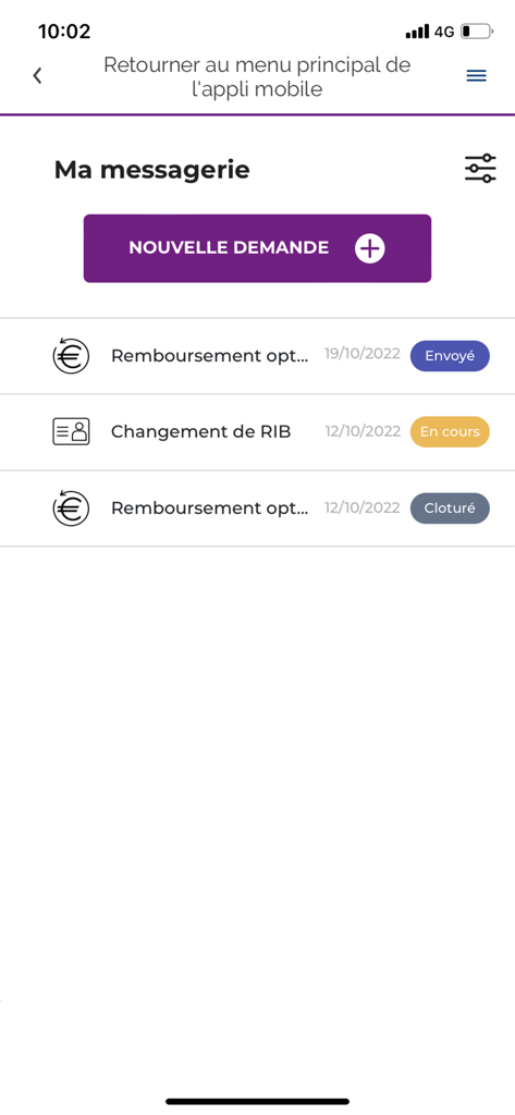 Santé WTW - Centre de messagerie de l'application Santé WTW affichant une liste de demandes d'assurance santé et leur statut actuel.