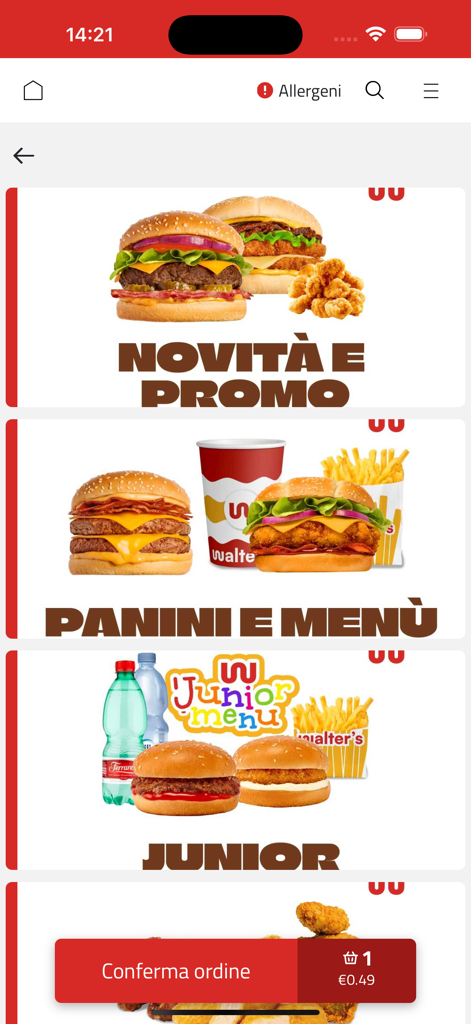 Menübildschirm der Walter's-Burger-App mit Gourmet-Sandwich-Optionen und Menüangeboten.