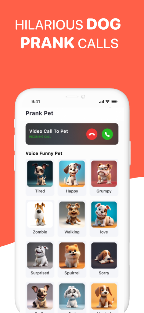 Dog Translator - Dog Talk - Mobile App-Bildschirm, der die Hundescherzanruf-Funktion mit verschiedenen Hundesymbole für Emotionen anzeigt