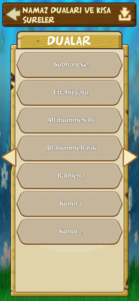 Muezzin Prayer Time Azan - A list of Islamic prayer supplications in Turkish including Subhaneke and Ettahiyyatu within the Muezzin app