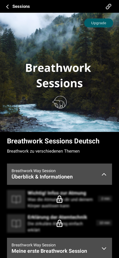 산 강 배경이 있는 독일어 호흡 세션 목록을 보여주는 Breathwork Way 앱 화면