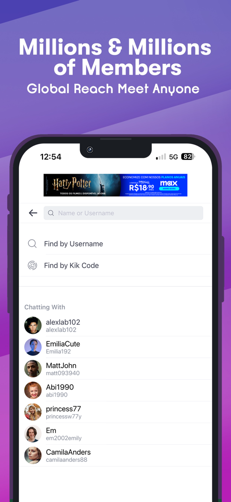 Interfaz de la aplicación Kik que muestra la búsqueda por nombre de usuario y una lista de chats activos con fotos de perfil