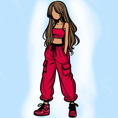 girl in baggy pants crop top and long hair