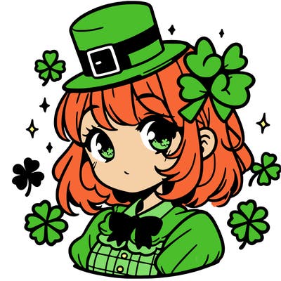 a manga-style girl with clovers around her, a little hat in her hair, like it's saint patrick's day