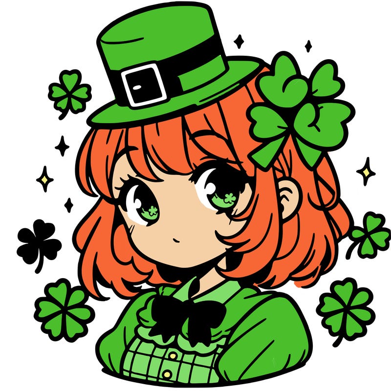 a manga-style girl with clovers around her, a little hat in her hair, like it's saint patrick's day