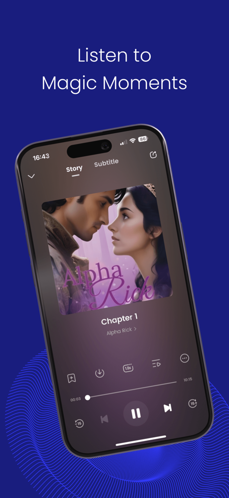 DreamCast: Audiobook & stories - Interfaz de la aplicación DreamCast reproduciendo un audiolibro de fantasía romántica titulado Alpha Rick.