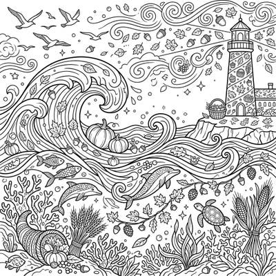 Immerse yourself in the unique beauty of an autumn ocean scene with this intricate adult coloring page. Discover marine life, lighthouses, and harvest elements intertwined for a truly relaxing creative escape.