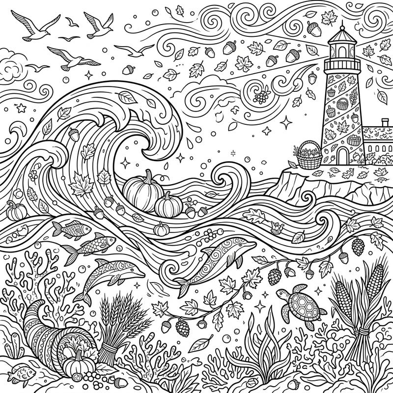 Immerse yourself in the unique beauty of an autumn ocean scene with this intricate adult coloring page. Discover marine life, lighthouses, and harvest elements intertwined for a truly relaxing creative escape.