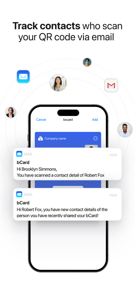 bCard: Digital Business Card - Smartphone affichant les notifications par e-mail de l'application bCard pour le suivi des scans de cartes de visite numériques