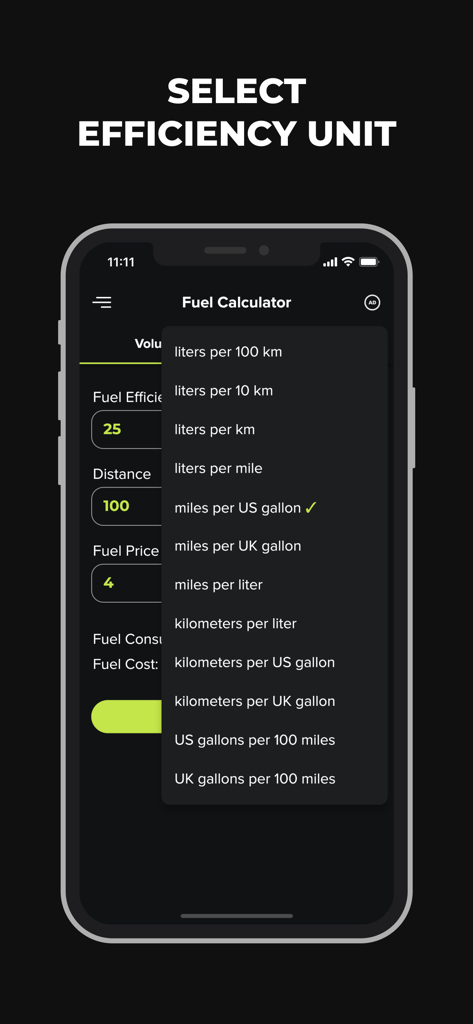 Fuel Calculator App - Selecting miles per US gallon in the Fuel Calculator app unit menu