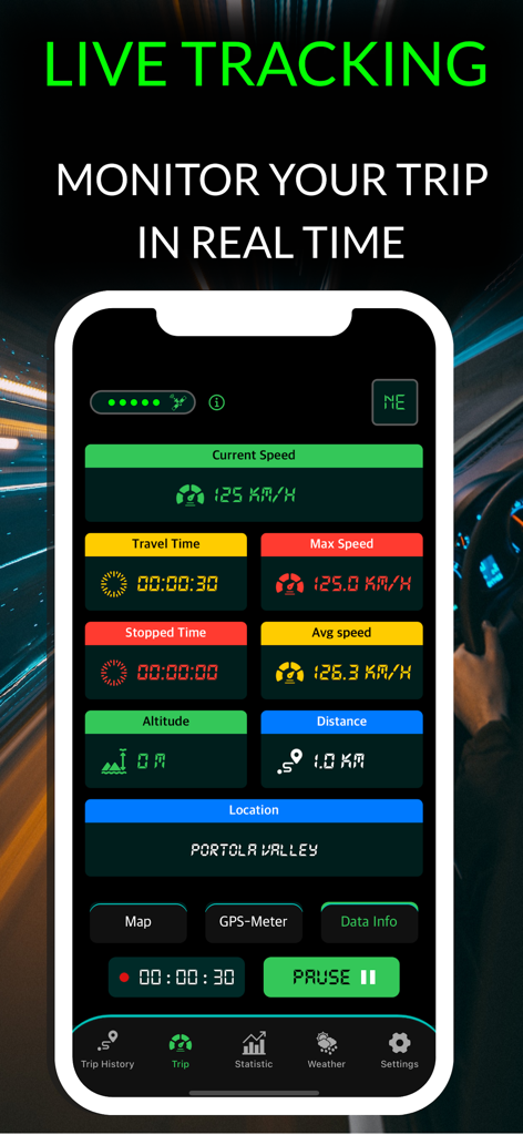 GPS Speedometer & MPH Odometer - Interface do aplicativo Velocímetro GPS mostrando monitoramento de viagem em tempo real com velocidade e distância atuais.