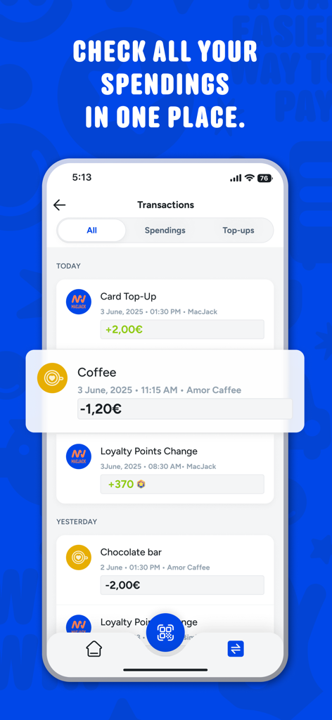 MacJack mobile app transaction history screen showing a list of recent coffee purchases and card top-ups