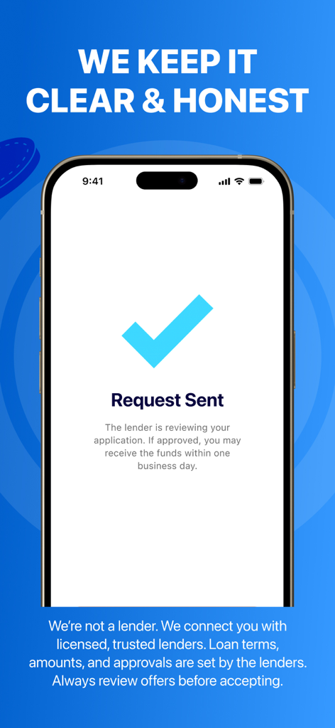 Cash Advance & Borrow by Noble - Noble app screen showing a loan request sent message