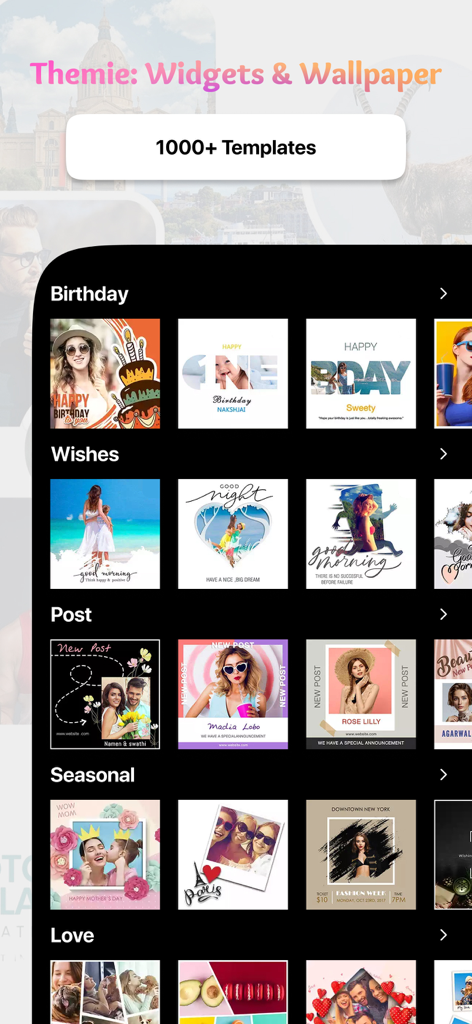 Themie: Widgets & Wallpaper - Themieアプリのインターフェース。誕生日やソーシャルメディア投稿など、様々な機会のための美しい写真コラージュテンプレートを表示しています。