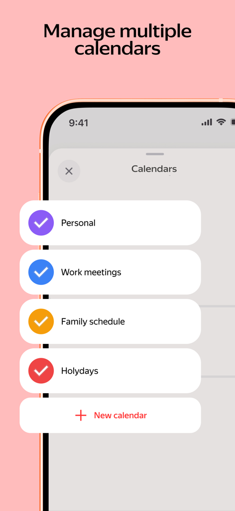 Yandex Calendar - 個人、仕事の会議、家族のスケジュールなど、複数のカレンダーカテゴリを表示するモバイル画面
