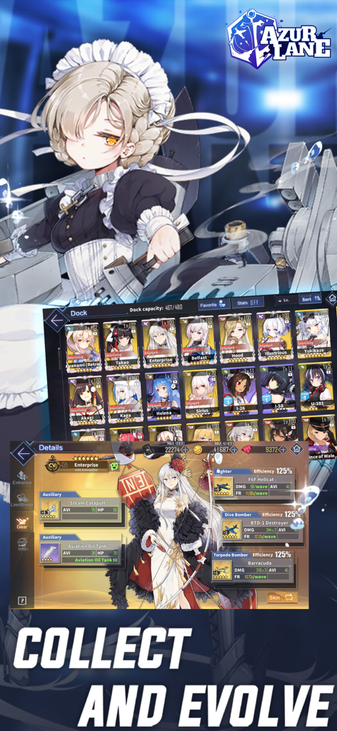 Azur Lane - Capture d'écran du jeu mobile Azur Lane montrant le quai des filles de navires et l'interface d'amélioration des personnages