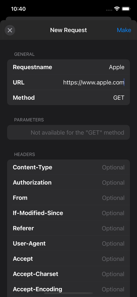 Interface for creating a new HTTP request showing fields for URL method and custom headers