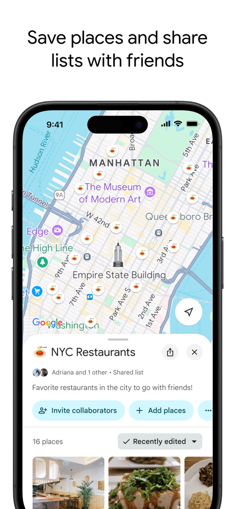 Google Maps-Oberfläche zeigt eine geteilte Liste von Restaurants in New York City mit Optionen für Mitwirkende und Fotos