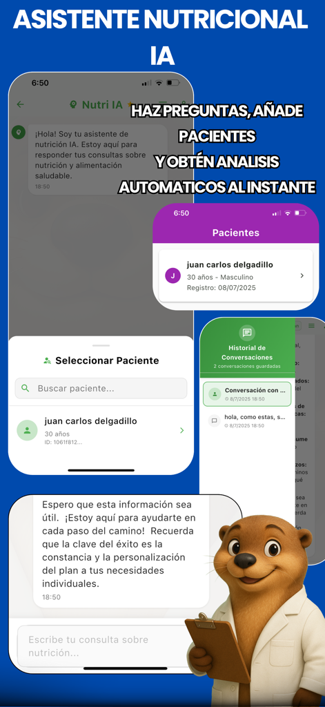 NutriasApp - Interfaz móvil de NutriasApp que muestra el chat del asistente de nutrición de IA y funciones de gestión de pacientes