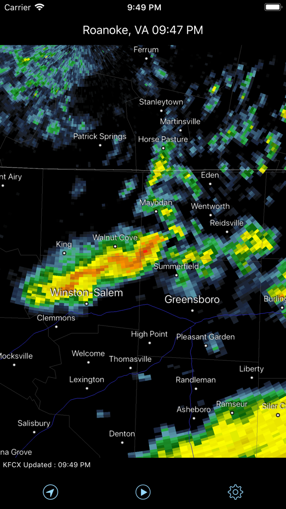 Radar Pro - Radar Pro app displaying raw NEXRAD Level 3 precipitation data over North Carolina and Virginia