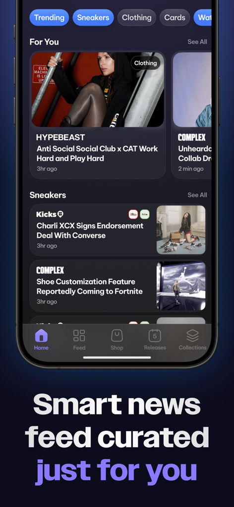 SwiftSole - Sneaker Releases - SwiftSole mobile app interface showing a curated news feed with sneaker and streetwear articles.