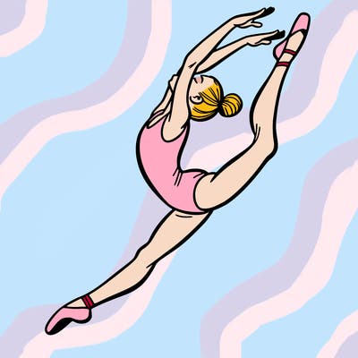 gymnast doing a leap in a leotard with a bent back leg