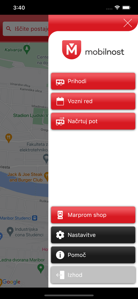 Main menu of the M mobilnost transit app for Maribor showing options for arrivals, schedules, and route planning over a map.