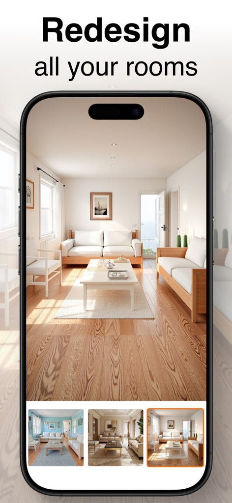 RoomGPTアプリのインターフェースが表示されたスマートフォン画面。再デザインされたモダンなリビングルームとさまざまなスタイルのオプションが表示されています。