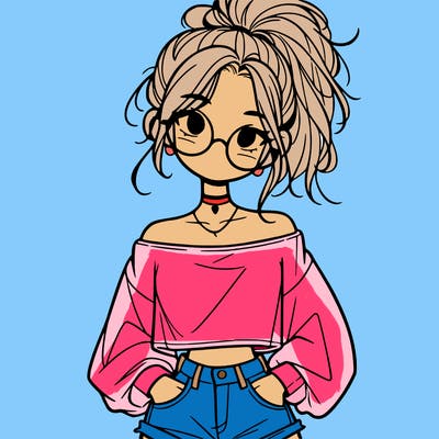 girl with a messy ponytail glasses a baggy crop top and jean shorts