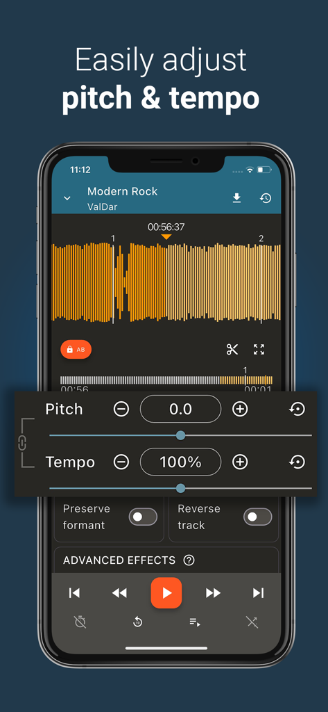 Up Tempo: Pitch, Speed Changer - Up Tempoアプリのインターフェース。波形表示付きの音楽編集用ピッチとテンポスライダーを表示