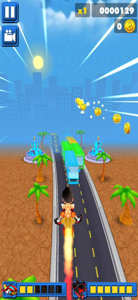 Street Runner – Endless Runner - A character using a jetpack to fly over buses and collect coins in a desert city environment